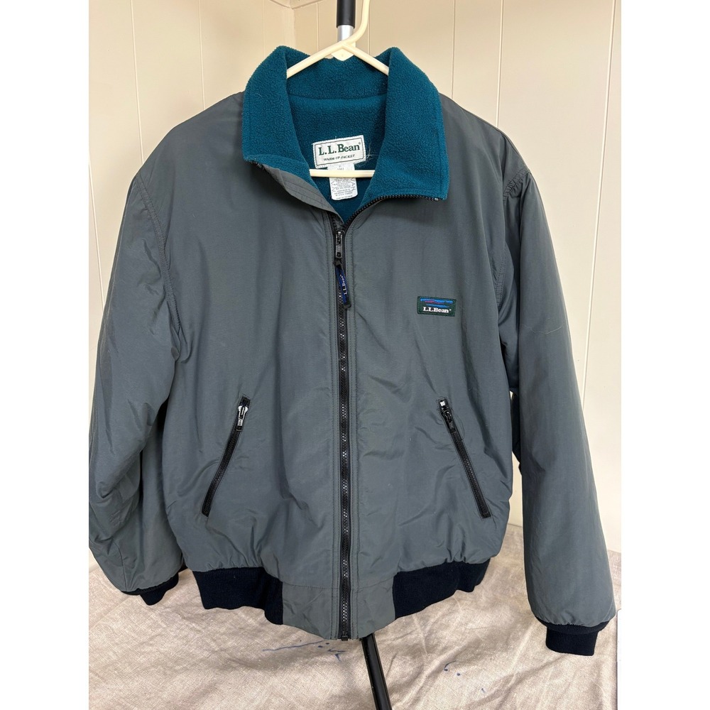 L.L. Bean Warm-Up Jacket Mens L Gray Teal Fleece Lined Thinsulate Bomber 5941